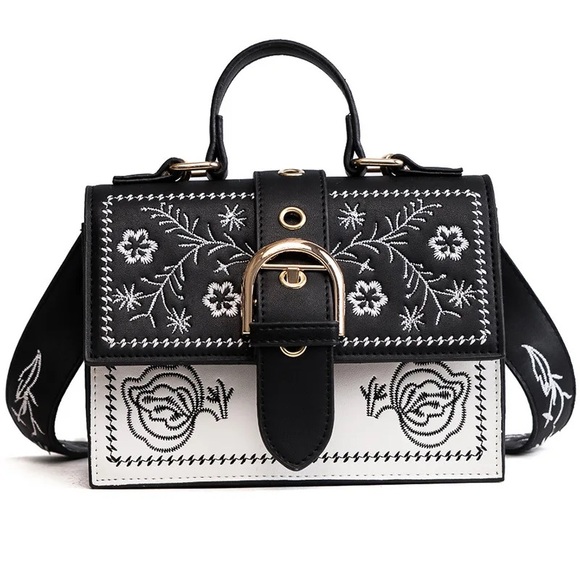 None Handbags - Western crossbody bag Faux leather Floral Embroidered black white